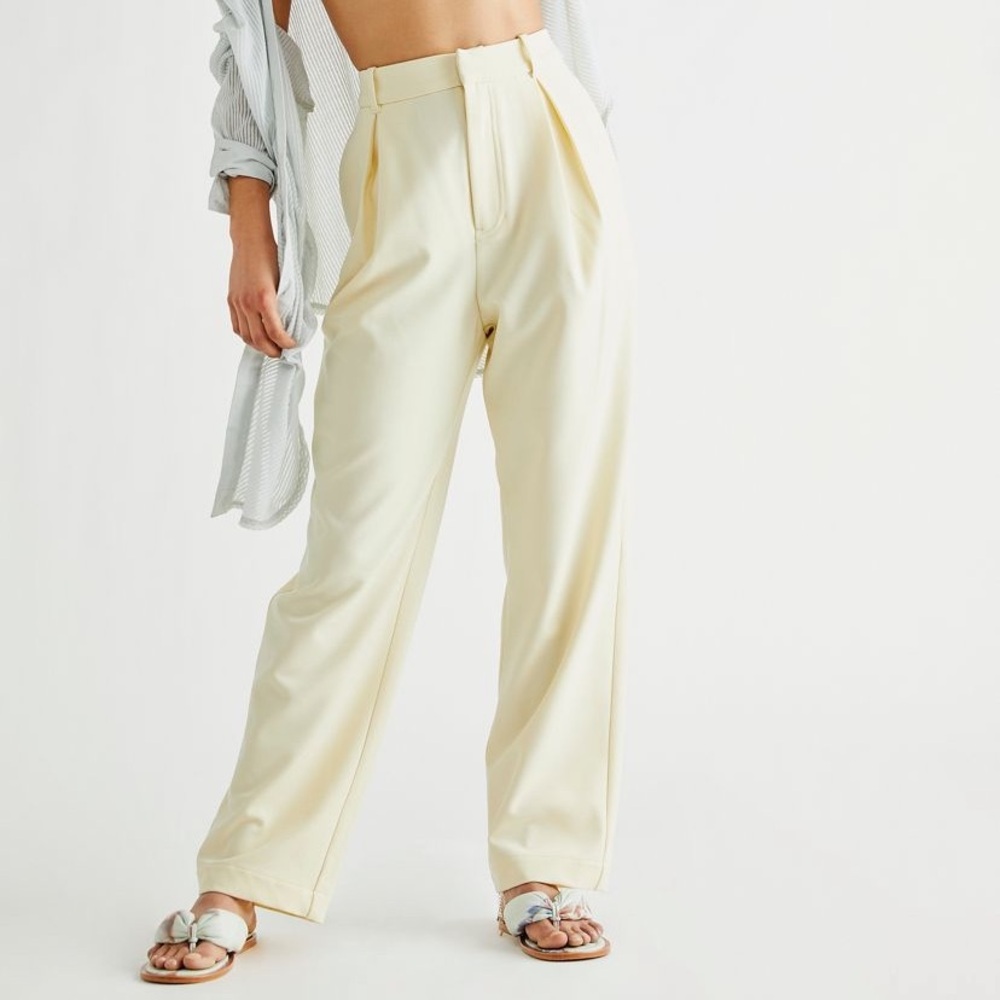 Free People Yellow/Cream Pleated “Pia Dad Trousers”